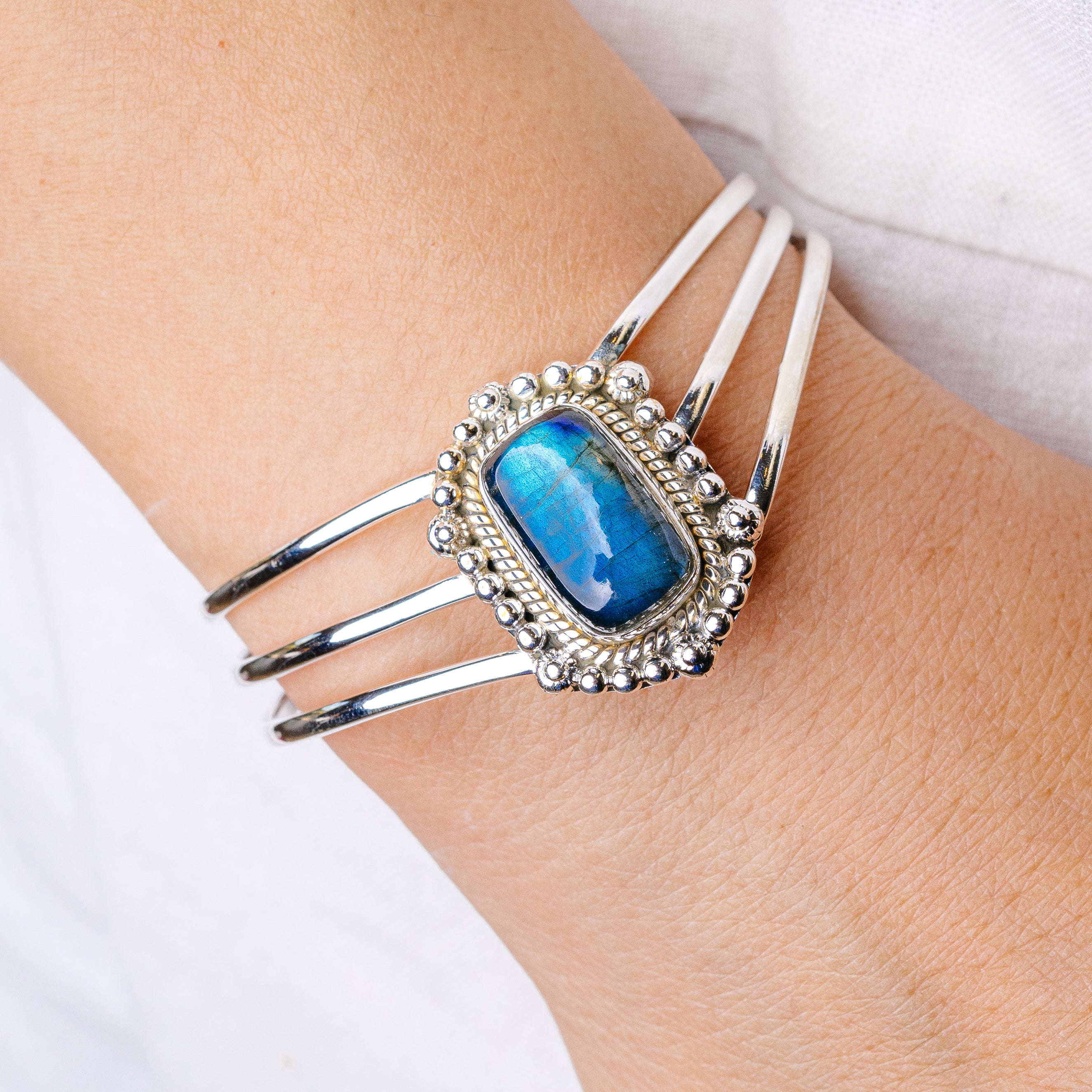 Labradorite Cuff Bracelet Adjustable (925 Sterling Silver) B90413