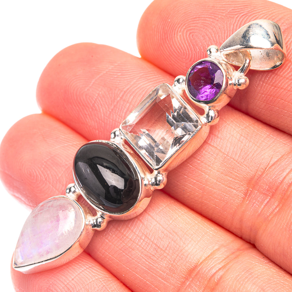 Star Diopside, Rainbow Moonstone, White Quartz, Amethyst Pendant 2" (925 Sterling Silver) P38683