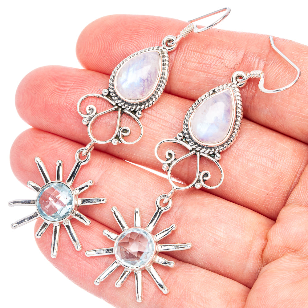 Signature Rainbow Moonstone, Blue Topaz Earrings 2 5/8" (925 Sterling Silver) E1083