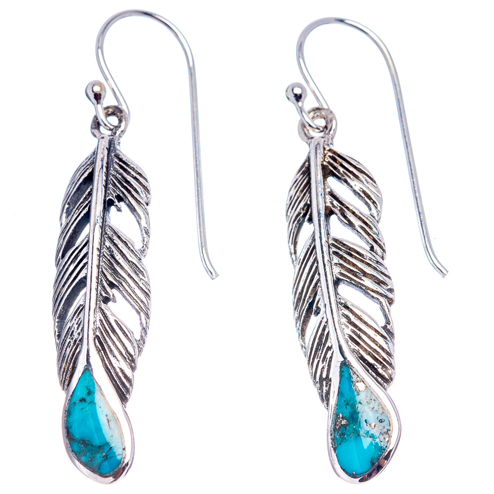 Native Style Mohave Turquoise Feather Earrings 1 5/8" (.925 Sterling Silver)