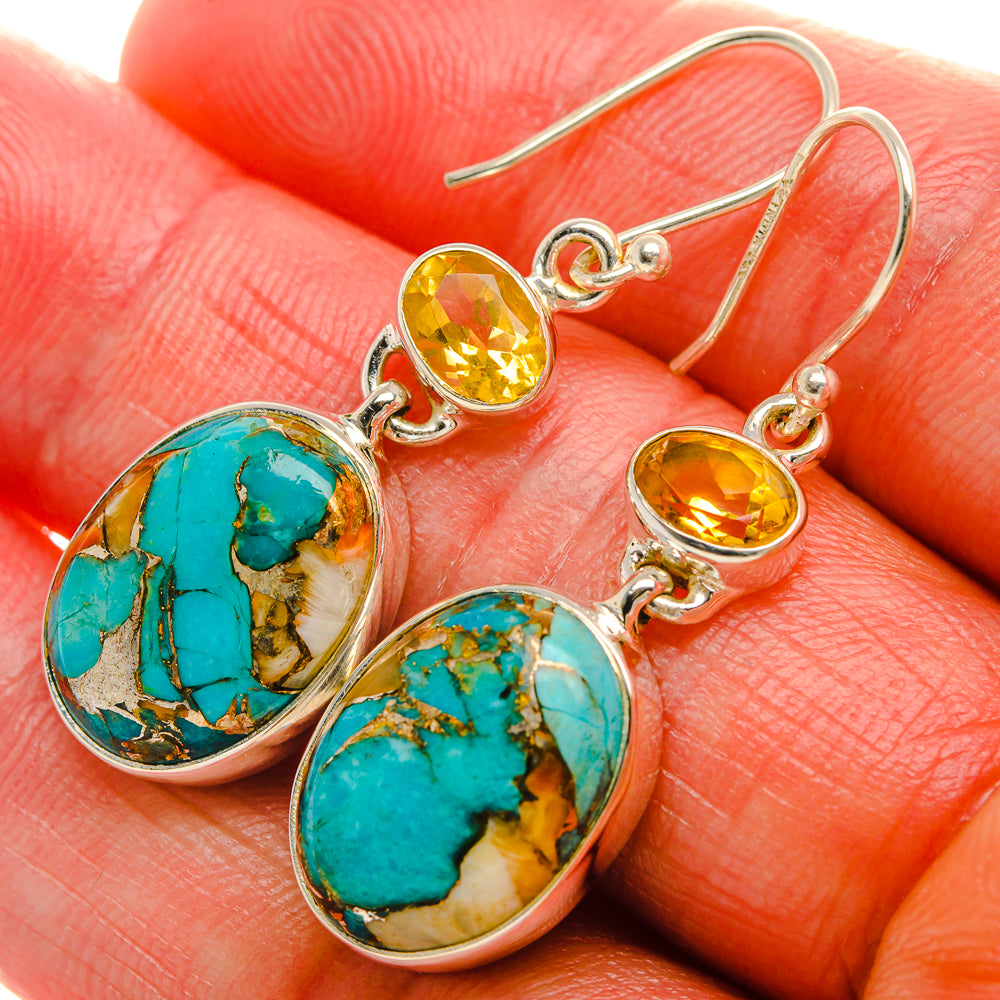 Spiny Oyster Turquoise, Citrine Earrings 1 3/4" (925 Sterling Silver) EARR432000