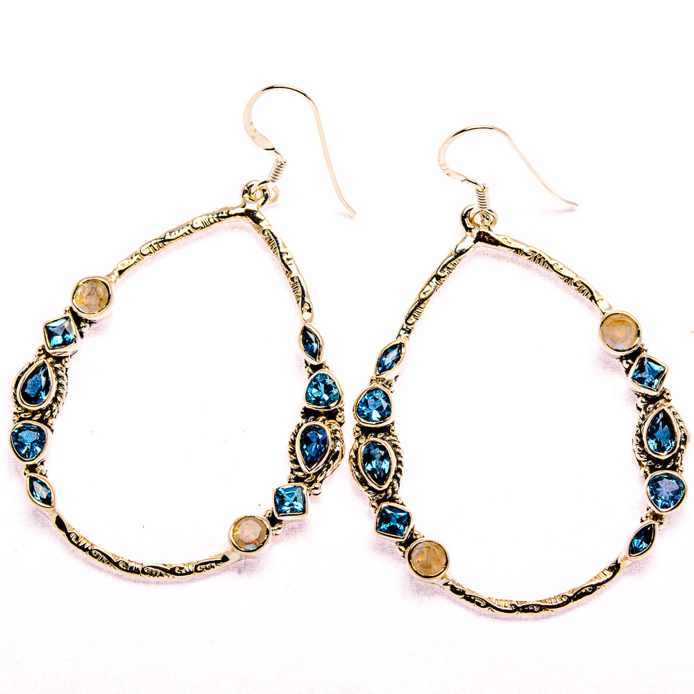 Signature London Blue Topaz, Rainbow Moonstone 925 Sterling Silver Earrings 2 3/8" (925 Sterling Silver) EARR431965