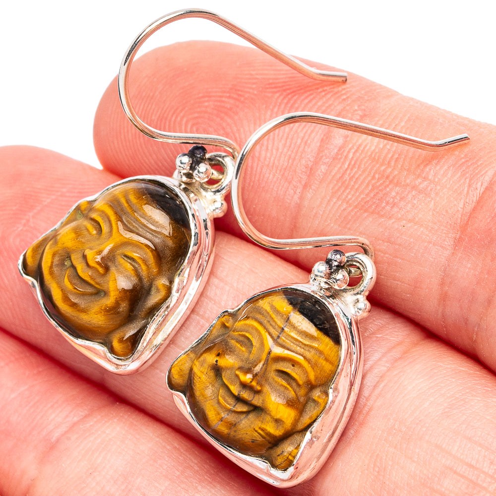 Tiger Eye Buddha Earrings 1 1/4" (925 Sterling Silver) E2766