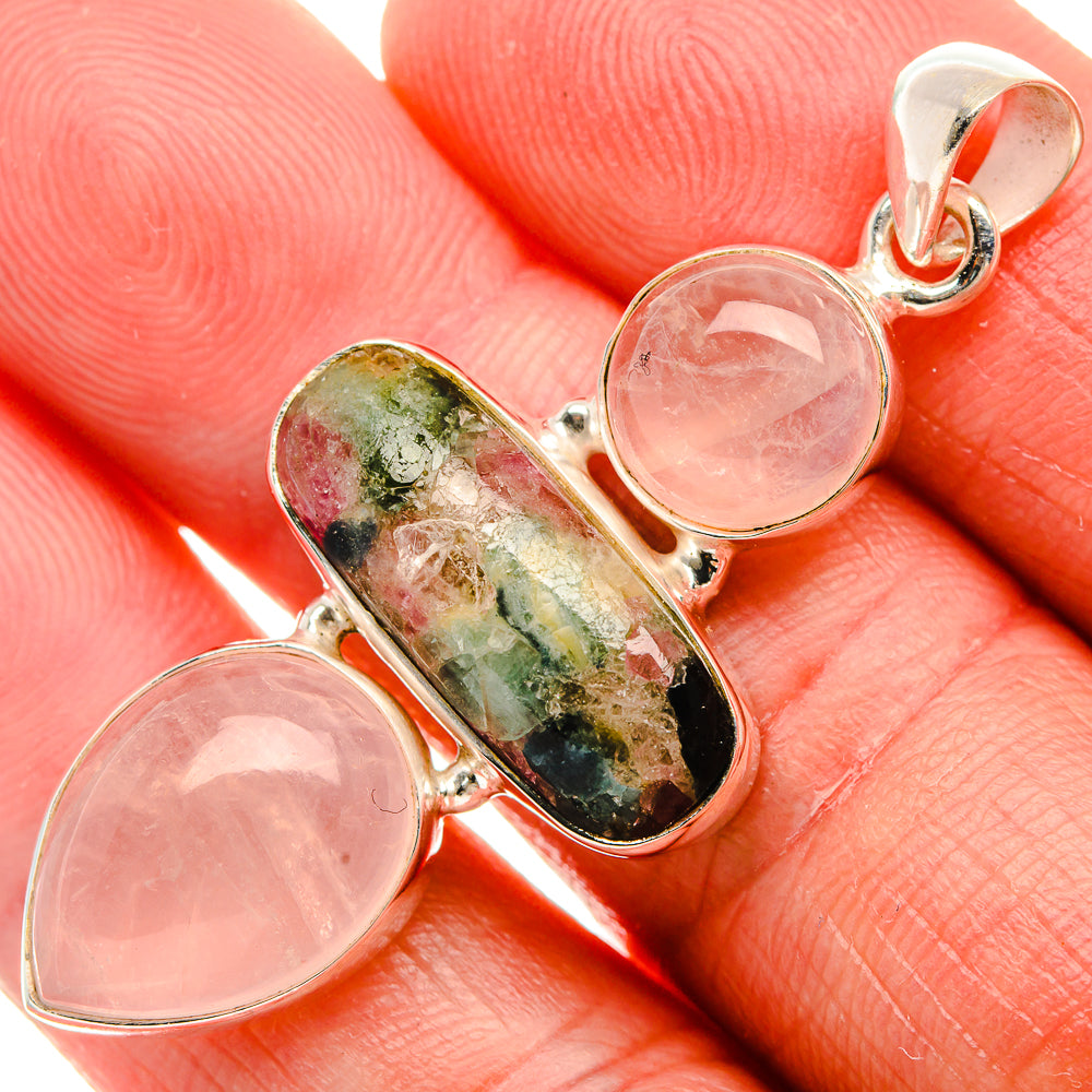 Natural Tourmaline, Rose Quartz Pendant 2" (925 Sterling Silver) PD38089