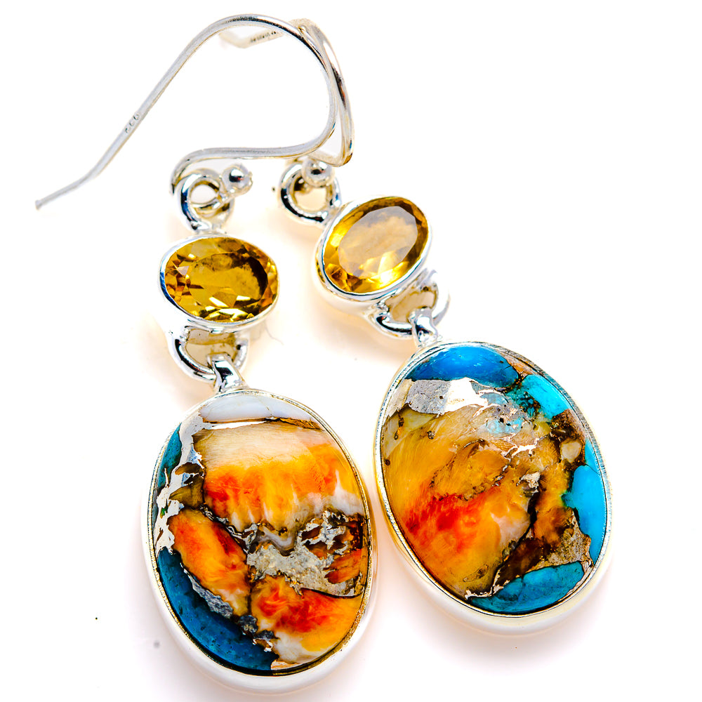 Spiny Oyster Turquoise, Citrine Earrings 1 3/4" (925 Sterling Silver) EARR432112