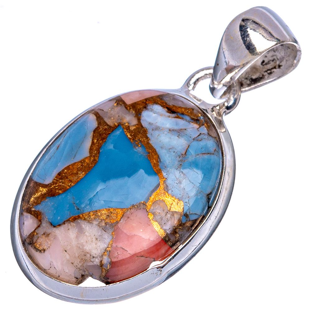 Copper Blue Turquoise Pink Opal Pendant 1 3/8" (925 Sterling Silver) P43504