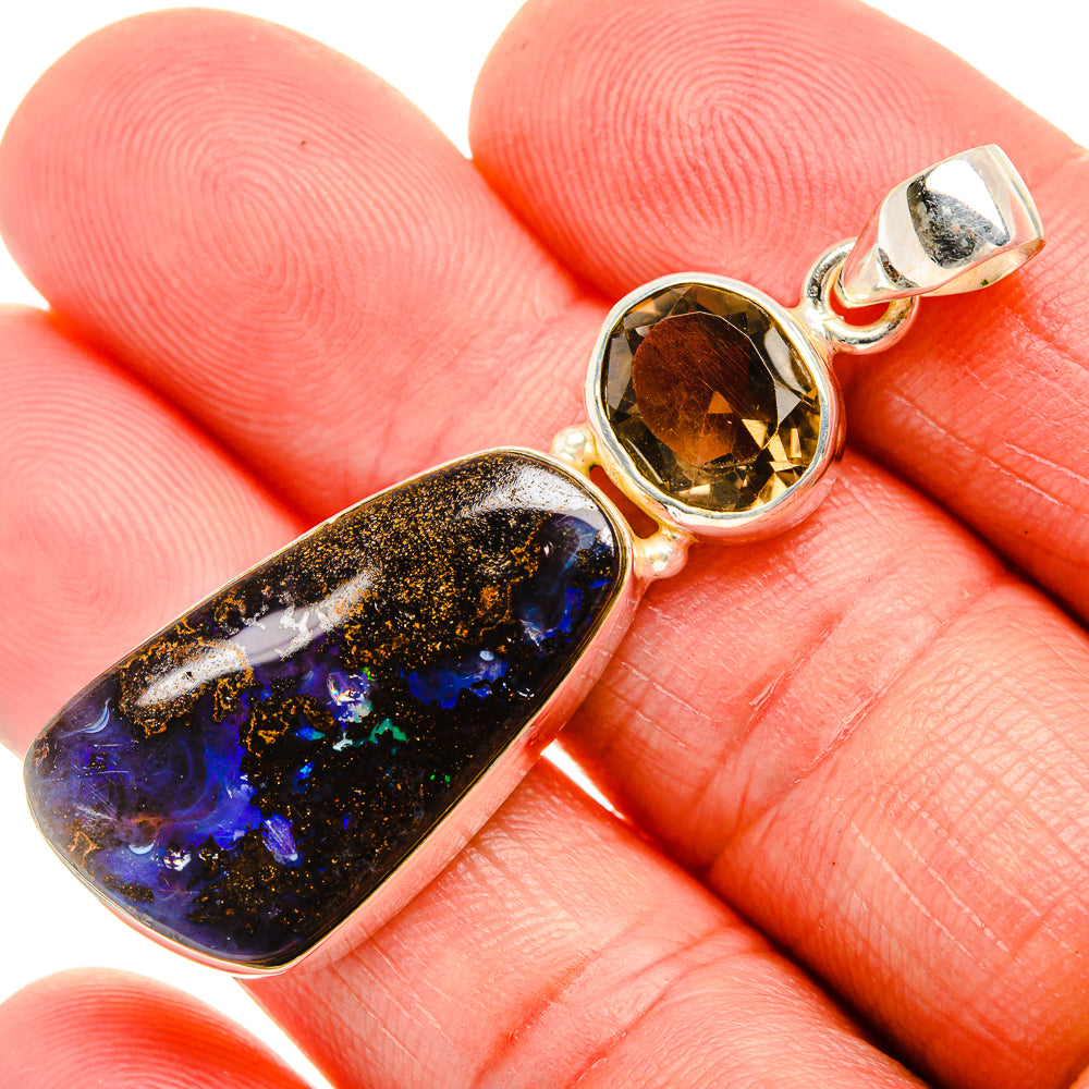 Boulder Opal, Smoky Quartz 925 Sterling Silver Pendant 2" (925 Sterling Silver) PD38294
