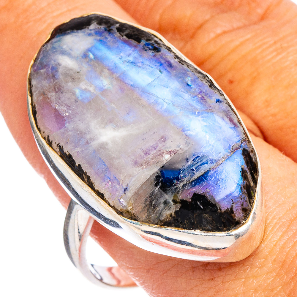 Rainbow Moonstone In Black Tourmaline Ring Size 11 (.925 Sterling Silver)