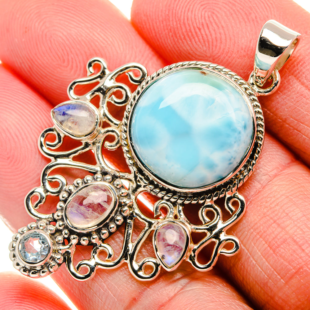 Signature Larimar, Rainbow Moonstone, Blue Topaz 925 Sterling Silver Pendant 1 7/8" (925 Sterling Silver) PD37806