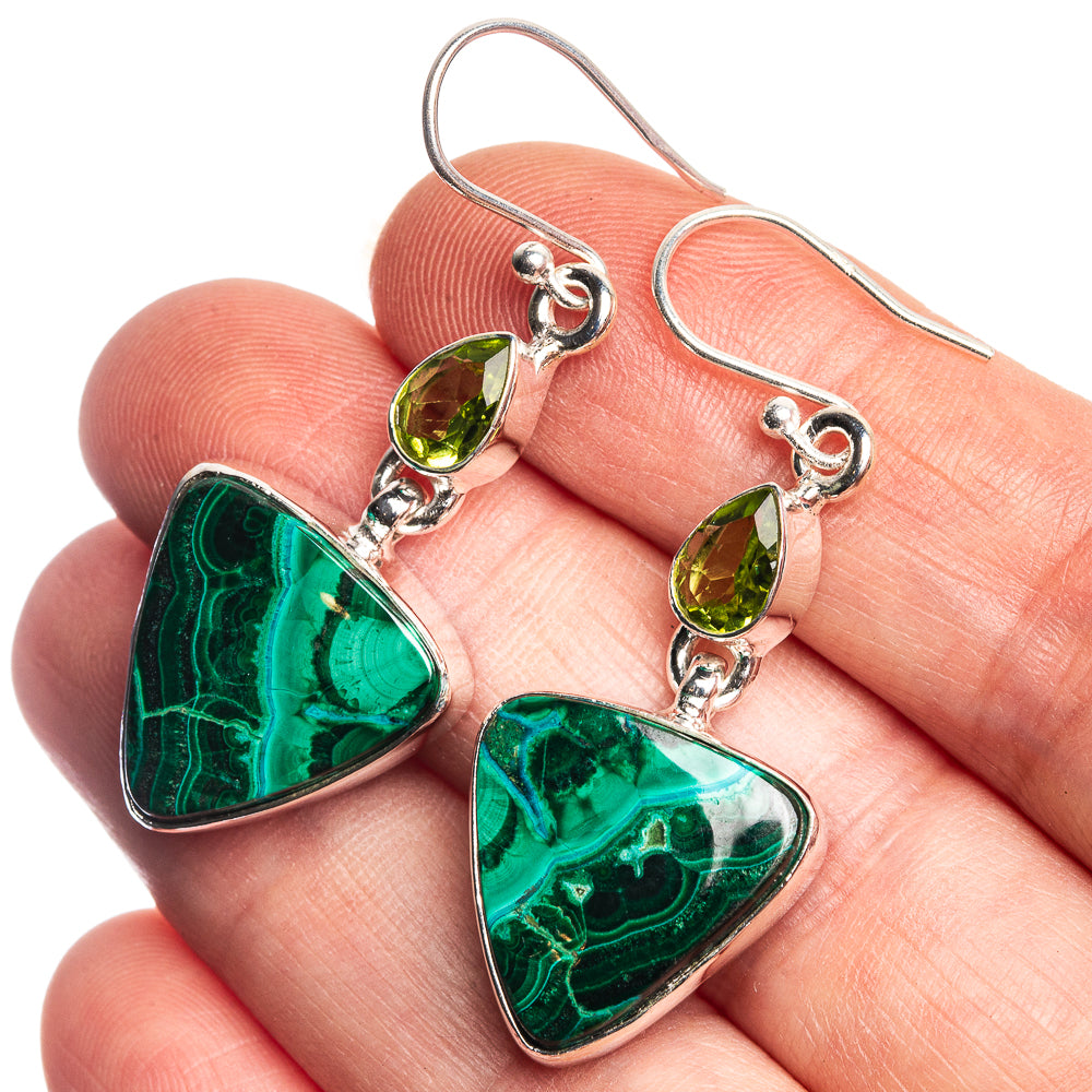 Malachite, Peridot 925 Sterling Silver Earrings 1 3/4"