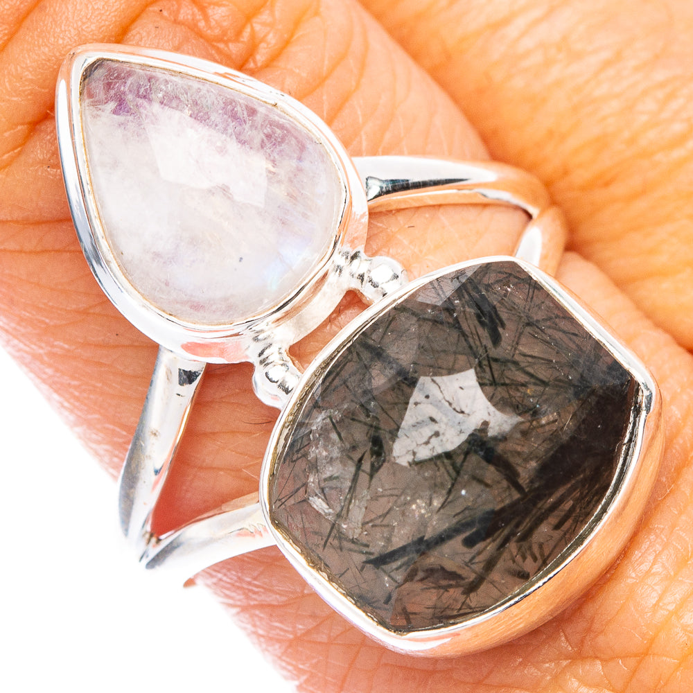 Tourmalinated Quartz, Rainbow Moonstone Ring Size 9 (925 Sterling Silver) R7089