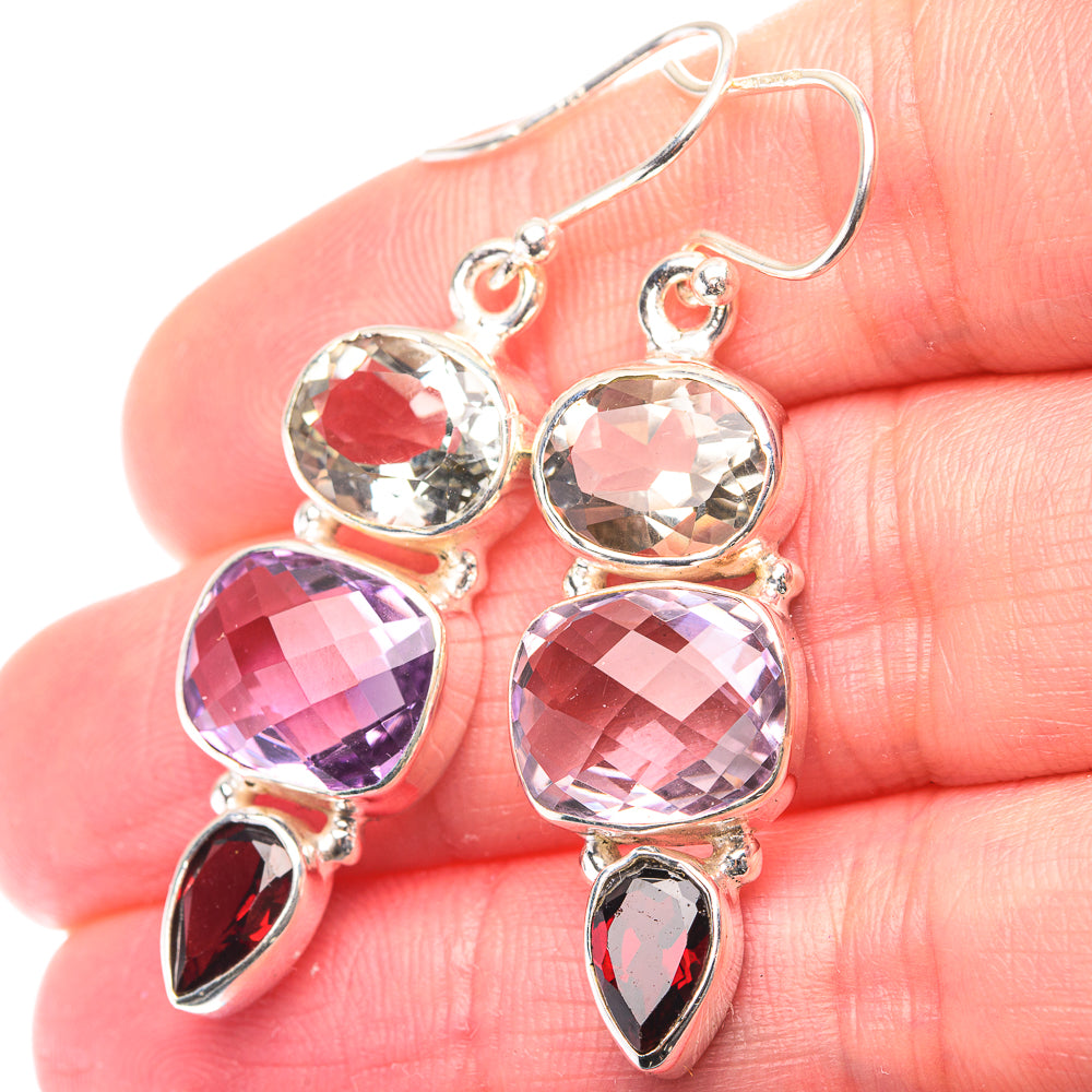 Amethyst, White Quartz, Garnet Earrings 1 7/8" (925 Sterling Silver) EARR432134
