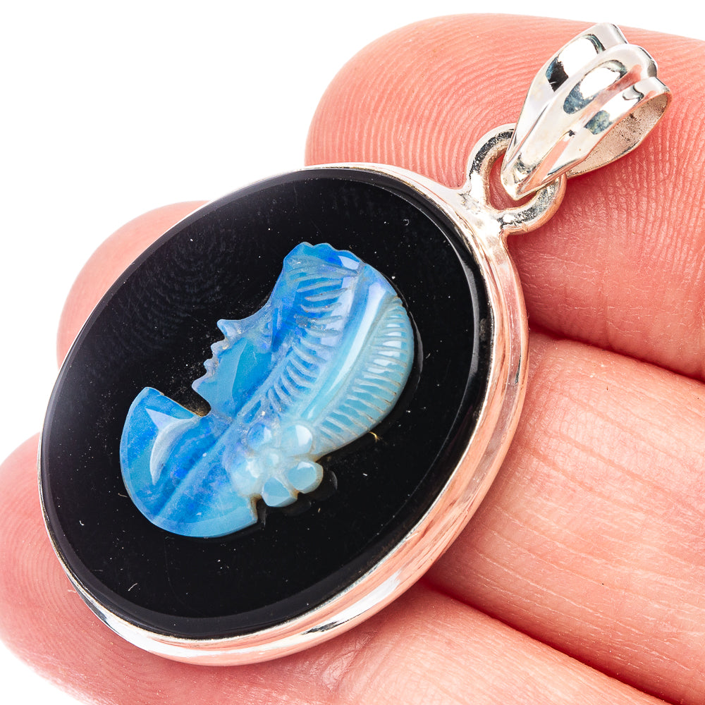 Rare Carved Opal Lady Cameo On Black Onyx Pendant 1 1/2" (925 Sterling Silver) P44446