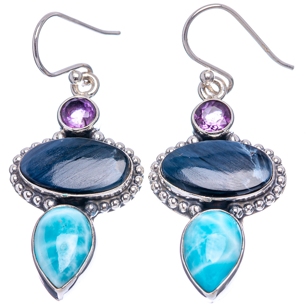 Premium Pietersite, Larimar, Amethsyt Earrings 1 3/4" (.925 Sterling Silver)