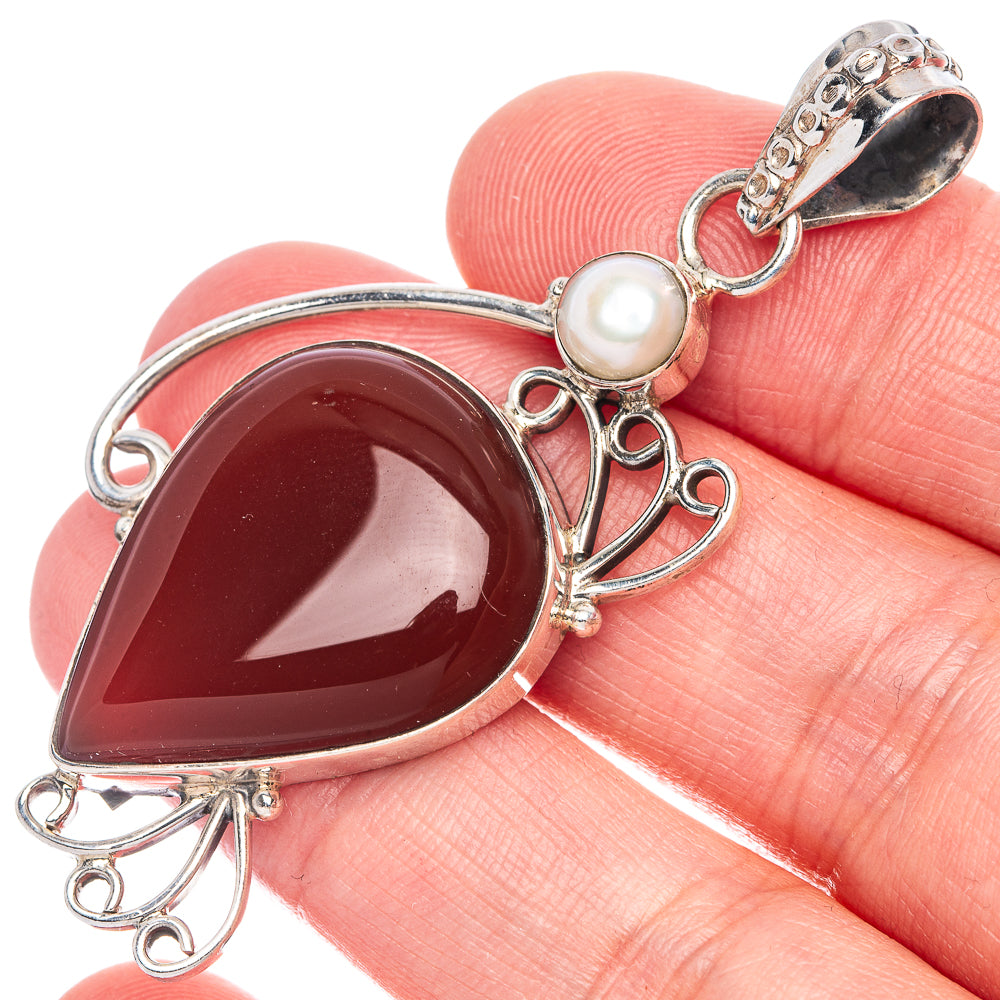 Red Onyx, Cultured Pearl Pendant 2 1/4" (925 Sterling Silver) P40033
