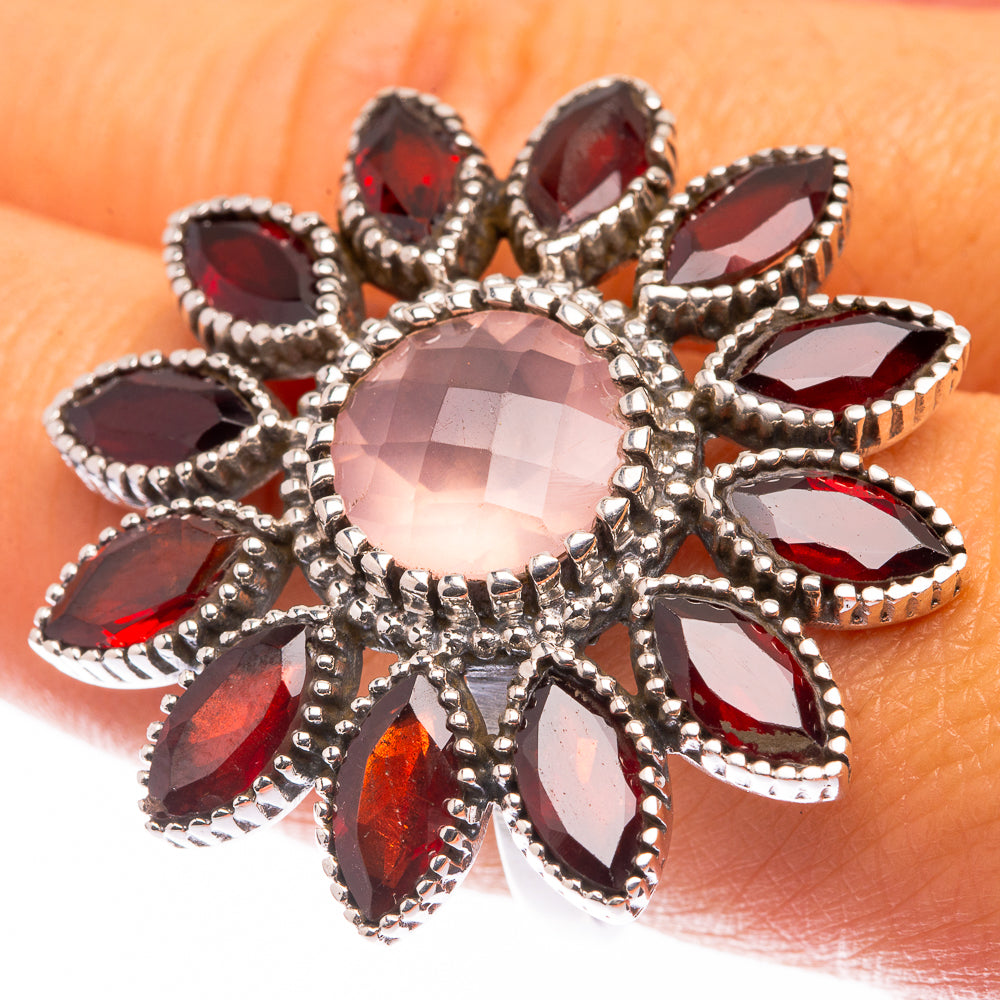 Large Rose Quartz, Garnet Ring Size 9 (925 Sterling Silver) R141174