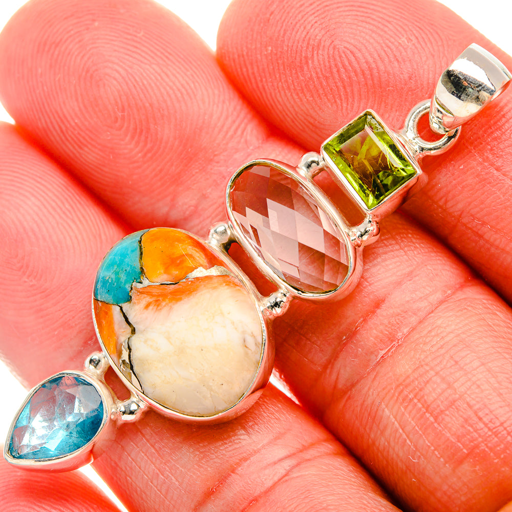Spiny Oyster Turquoise, White Quartz, Apatite, Peridot Pendant 2 1/4" (925 Sterling Silver) PD38082
