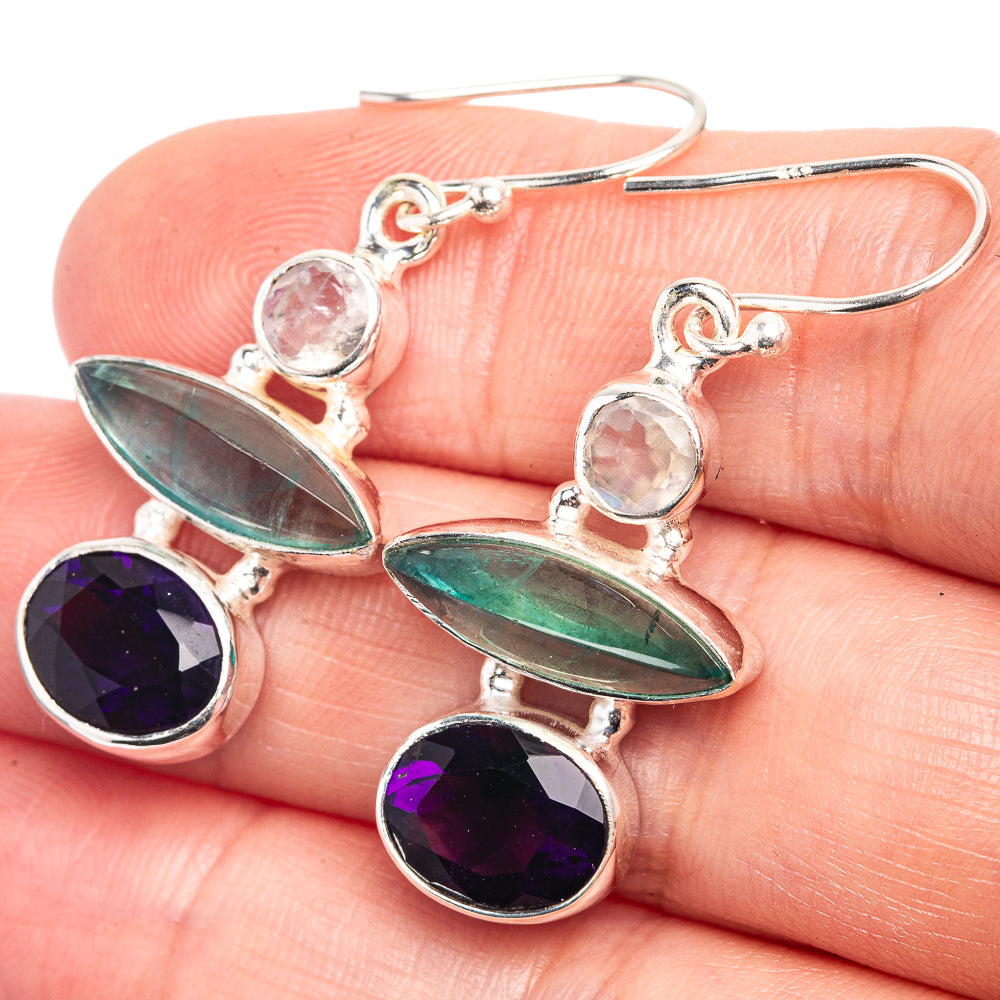 Aquamarine, Amethyst, Rainbow Moonstone Earrings 1 1/2" (925 Sterling Silver) E432565