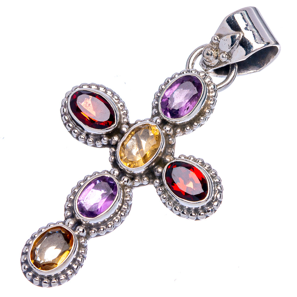 Garnet, Amethyst, Citrine Cross Pendant 1 3/4" (925 Sterling Silver) P40361