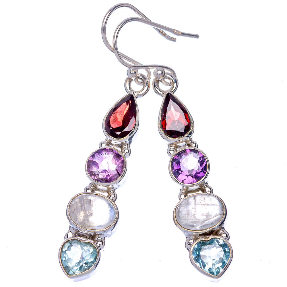 Rainbow Moonstone, Amethyst, Garnet, Blue Topaz Earrings 1 7/8" (925 Sterling Silver) E433077