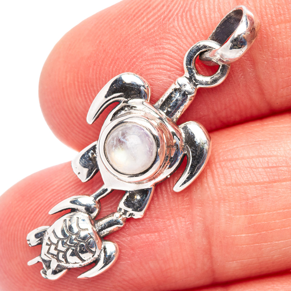 Rainbow Moonstone Turtle Pendant 1 3/8" (.925 Sterling Silver)