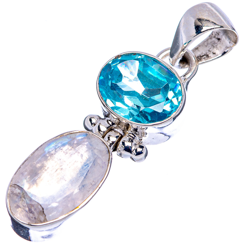 Faceted Rainbow Moonstone , Blue Topaz Pendant 1 3/8" (.925 Sterling Silver)