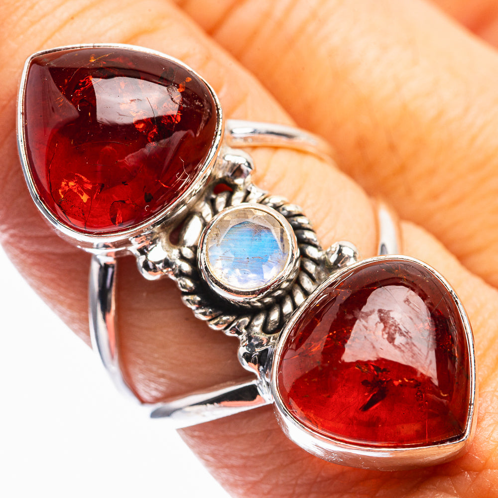 Baltic Amber, Rainbow Moonstone Ring Size 7.75 (925 Sterling Silver) R142061