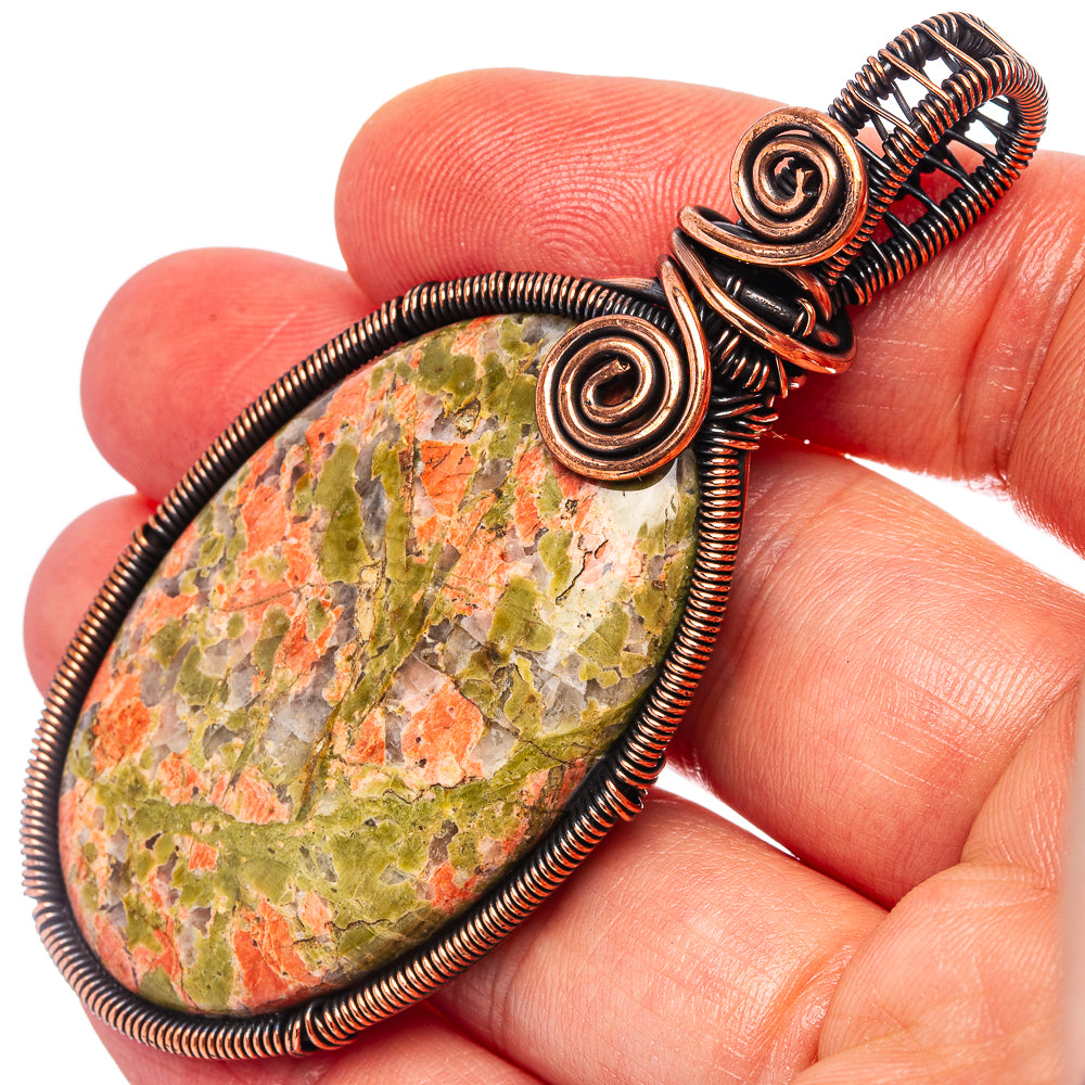 Unakite Wire Wrap Pendant 2 3/4" (Oxidized Copper)
