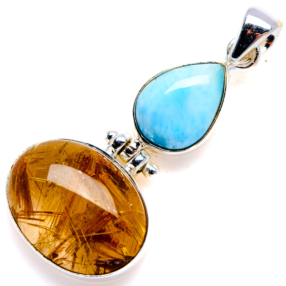 Rutilated Quartz, Larimar Pendant 1 3/4" (925 Sterling Silver) PD38170
