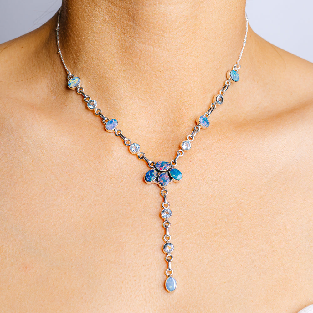 Doublet Opal, Blue Topaz Necklace 16 to 17" (.925 Sterling Silver)