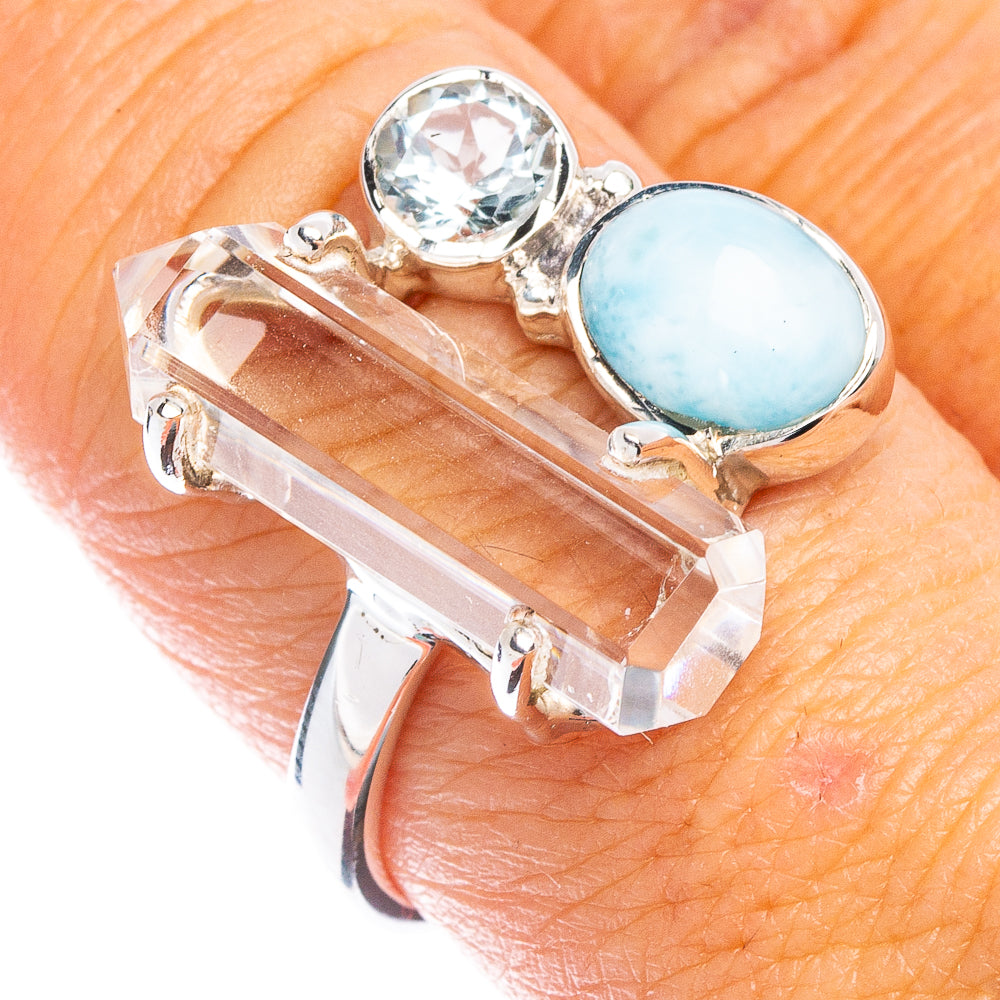 Premium Quartz Point, Larimar, Blue Topaz Ring Size 8 (925 Sterling Silver) R8029