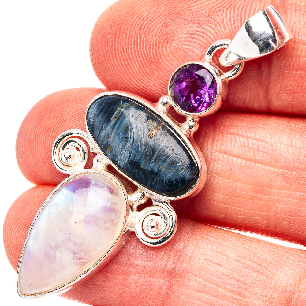 Premium Pietersite, Rainbow Moonstone, Amethyst Pendant 1 7/8" (.925 Sterling Silver)
