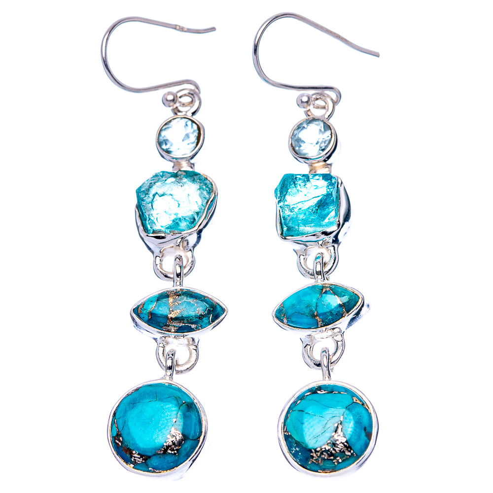 Blue Copper Composite Turquoise, Apatite, Blue Topaz Earrings 2 1/4" (925 Sterling Silver) E1592