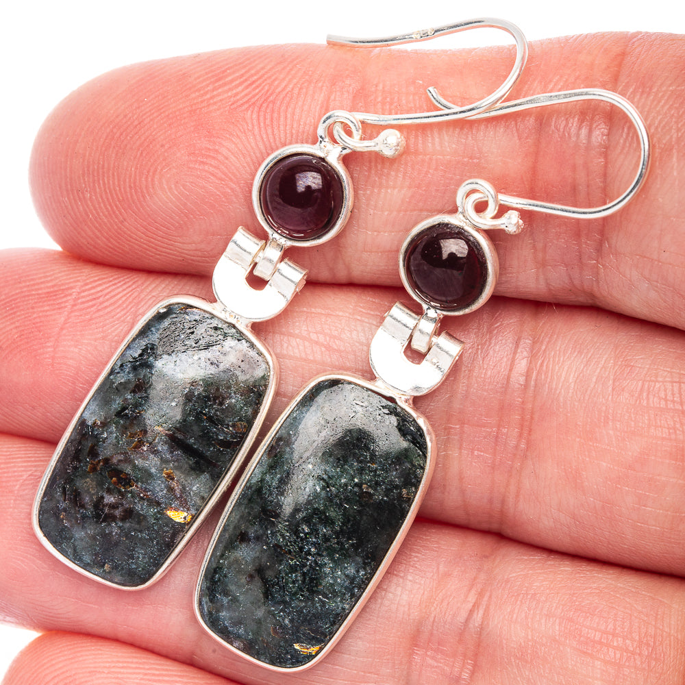 Astrophyllite, Garnet Earrings 1 7/8" (925 Sterling Silver) E433500