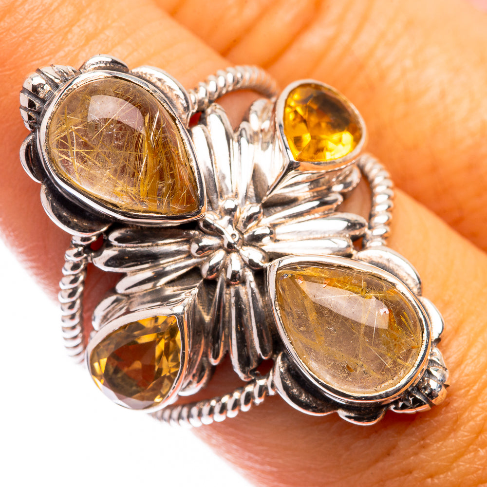 Large Rutilated Quartz, Citrine Ring Size 7.5 (925 Sterling Silver) R141208