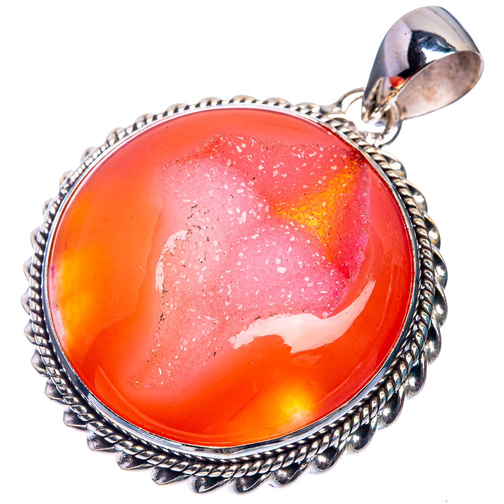 Orange Druzy 925 Sterling Silver Pendant 1 3/4"