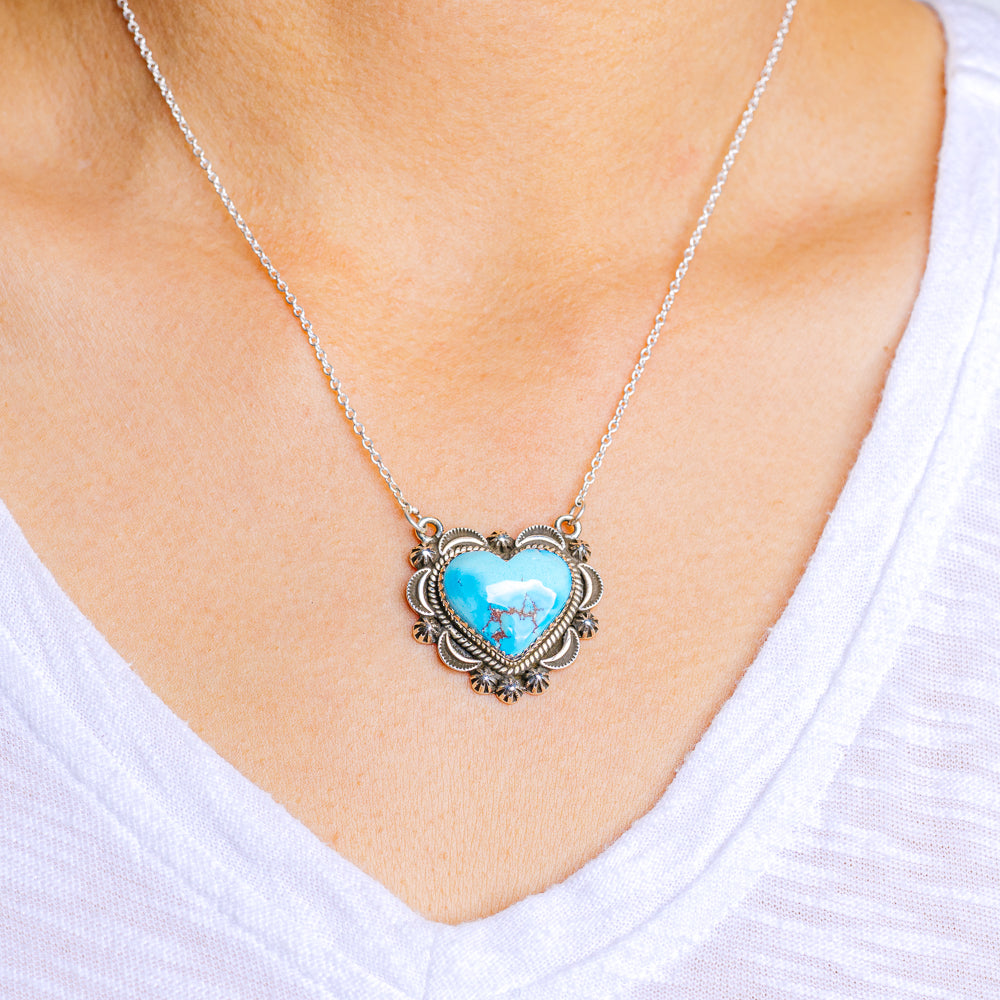 Golden Hills Turquoise Heart Necklace 18 to 19" (.925 Sterling Silver)