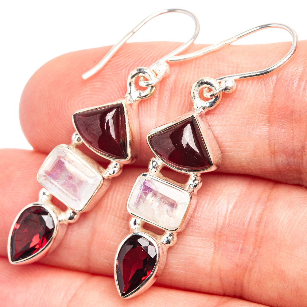 Rainbow Moonstone, Garnet Earrings 1 5/8" (925 Sterling Silver) E432572