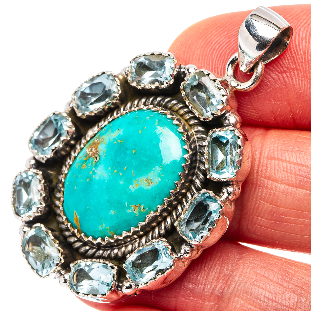 Exclusive Kingman Turquoise, Blue Topaz Pendant 1 3/4" (.925 Sterling Silver)