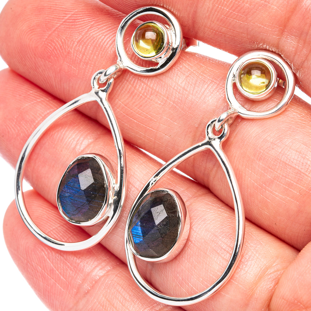 Premium Labradorite, Peridot Earrings 1 5/8" (925 Sterling Silver) E2505