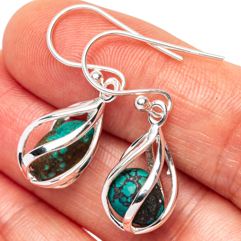 Rare Kingman Turquoise Caged Earrings 1 1/4" (925 Sterling Silver) E2550