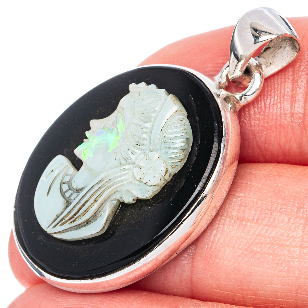 Rare Natural Opal Cameo Black Onyx Lady Face Cameo Pendant 1 3/8" (925 Sterling Silver) P41277