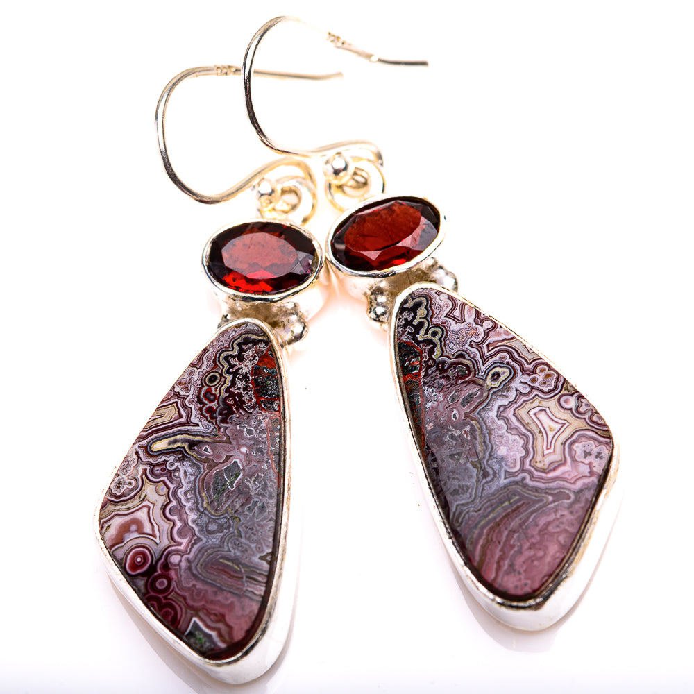Crazy Lace Agate, Garnet Earrings 1 3/4" (925 Sterling Silver) EARR432193