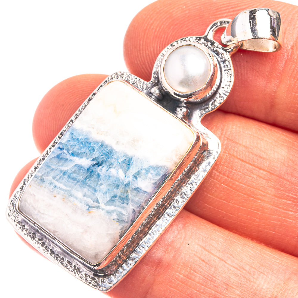 Blue Scheelite, Cultured Pearl Pendant 1 3/4" (925 Sterling Silver) P38835