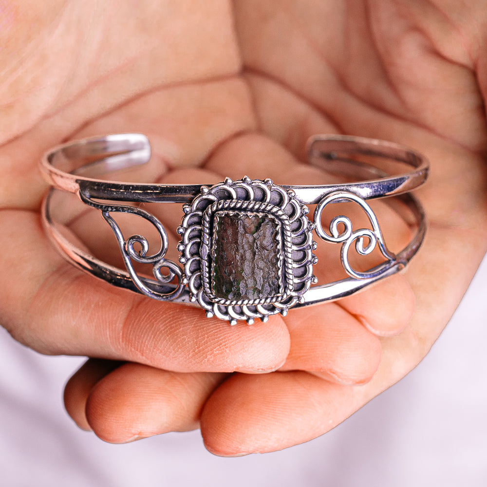 Moldavite Cuff Bracelet Adjustable (.925 Sterling Silver)