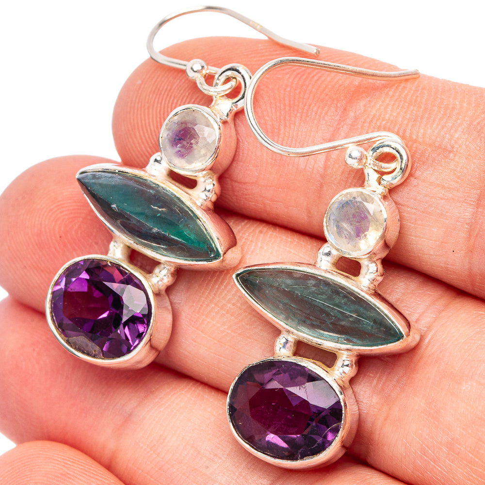 Labradorite, Amethyst, Rainbow Moonstone 925 Sterling Silver Earrings 1 5/8" (925 Sterling Silver) E2204