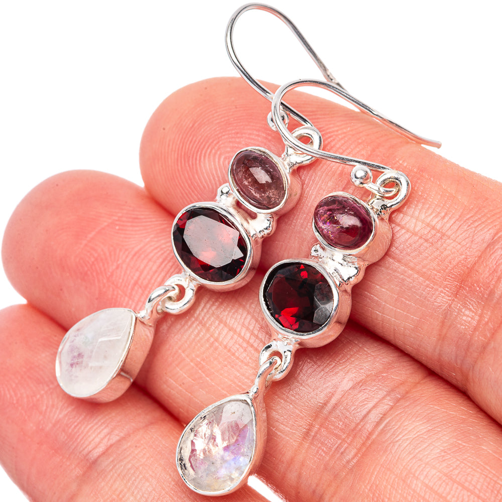 Rainbow Moonstone, Garnet, Pink Tourmaline 925 Sterling Silver Earrings 1 3/4" (925 Sterling Silver) E1431