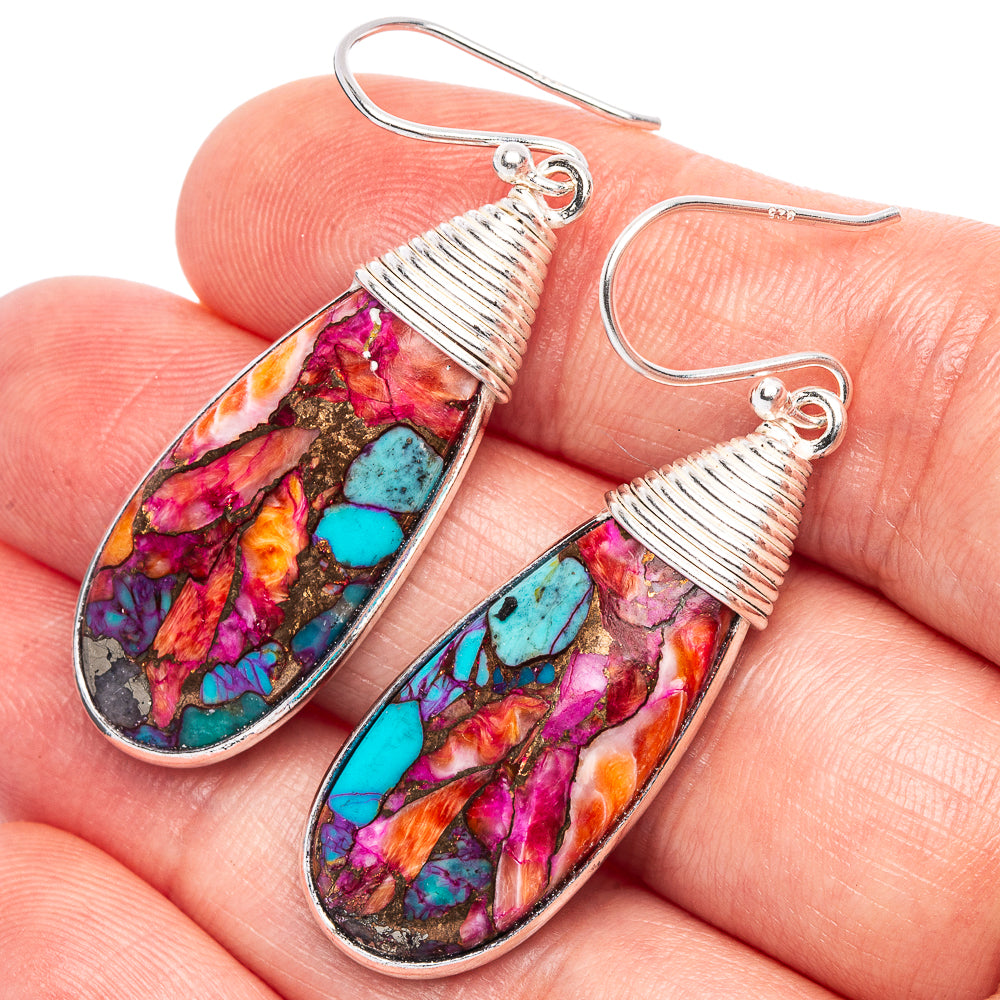 Kingman Pink Dahlia Turquoise Earrings 1 7/8" (925 Sterling Silver) E1902