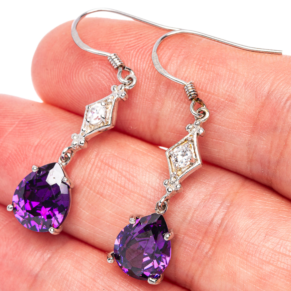 Amethyst, Cz Earrings 1 1/2" (925 Sterling Silver) E433155