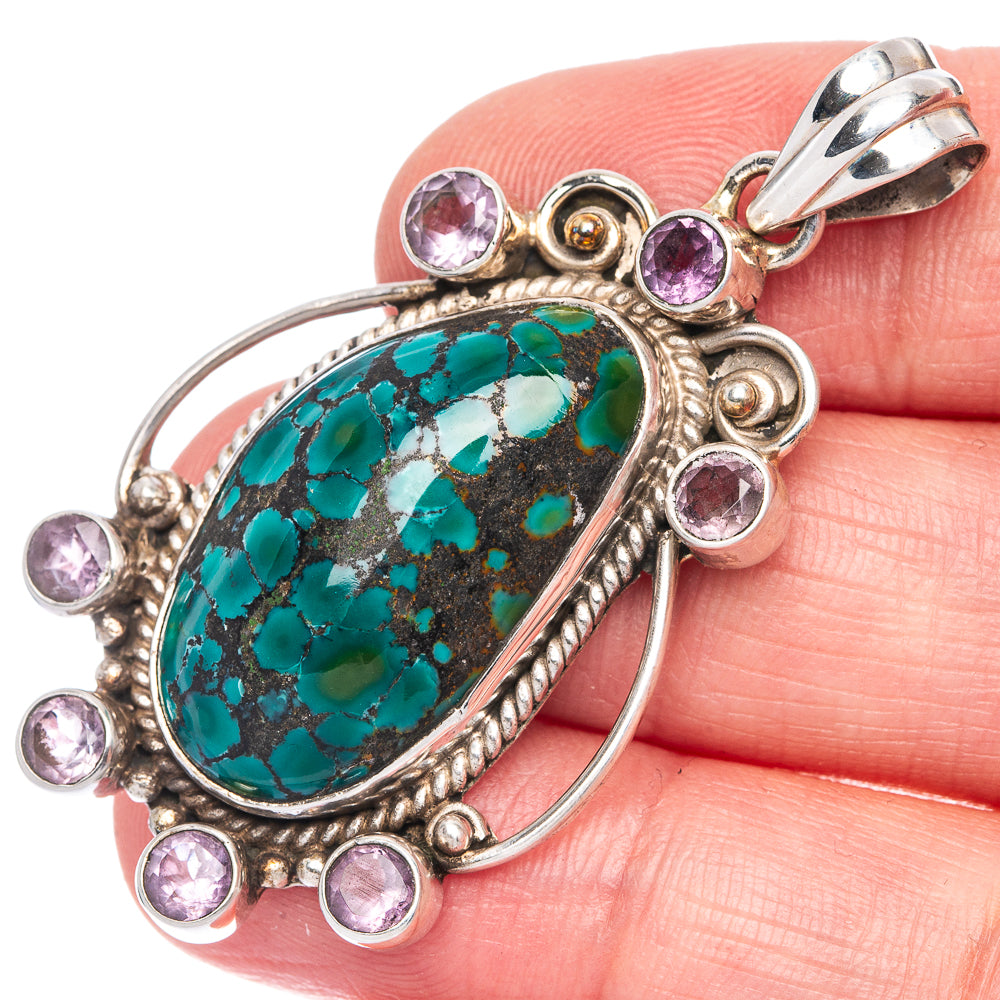 Tibetan Turquoise, Amethyst Pendant 2" (925 Sterling Silver) P40050